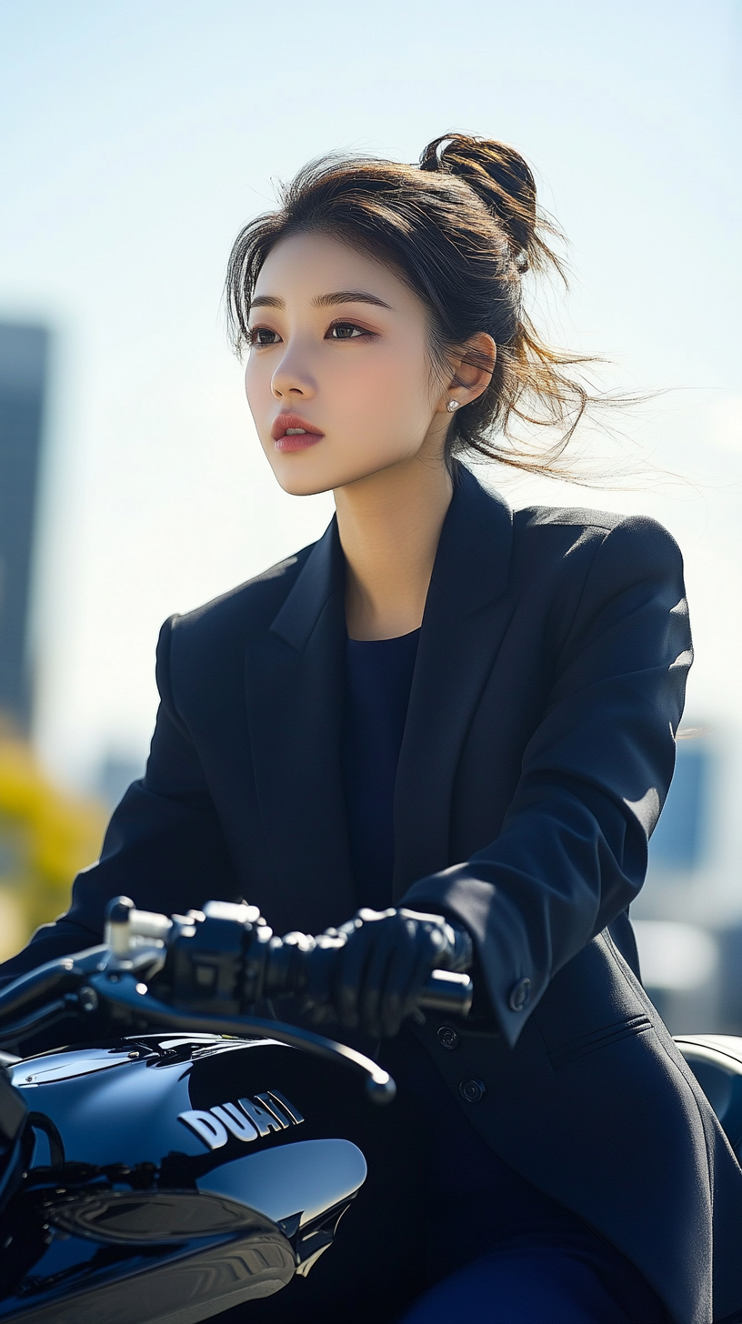 Young Japanese woman in navy suit on Ducati