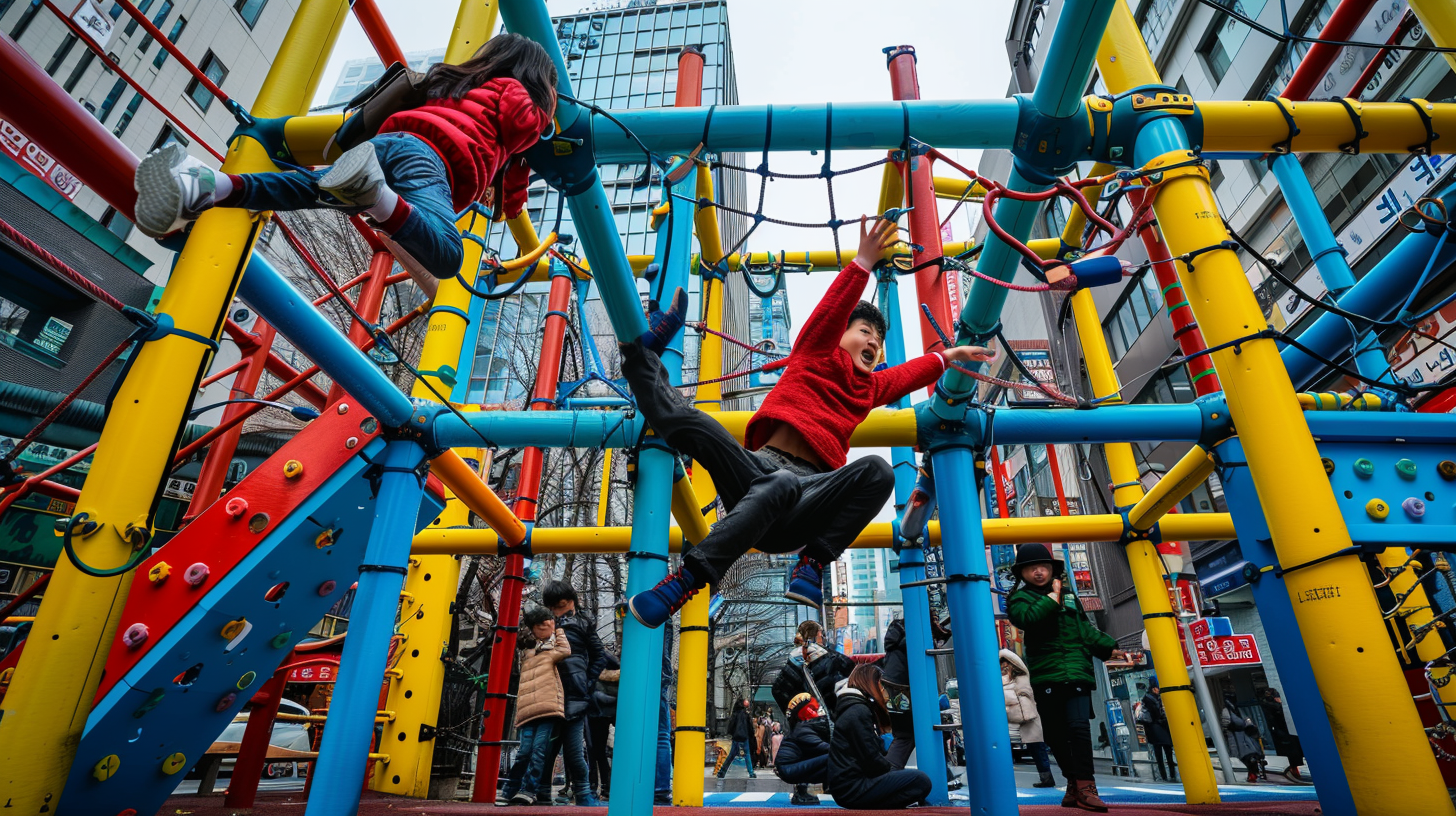 Young Korean adults play on colorful jungle gym