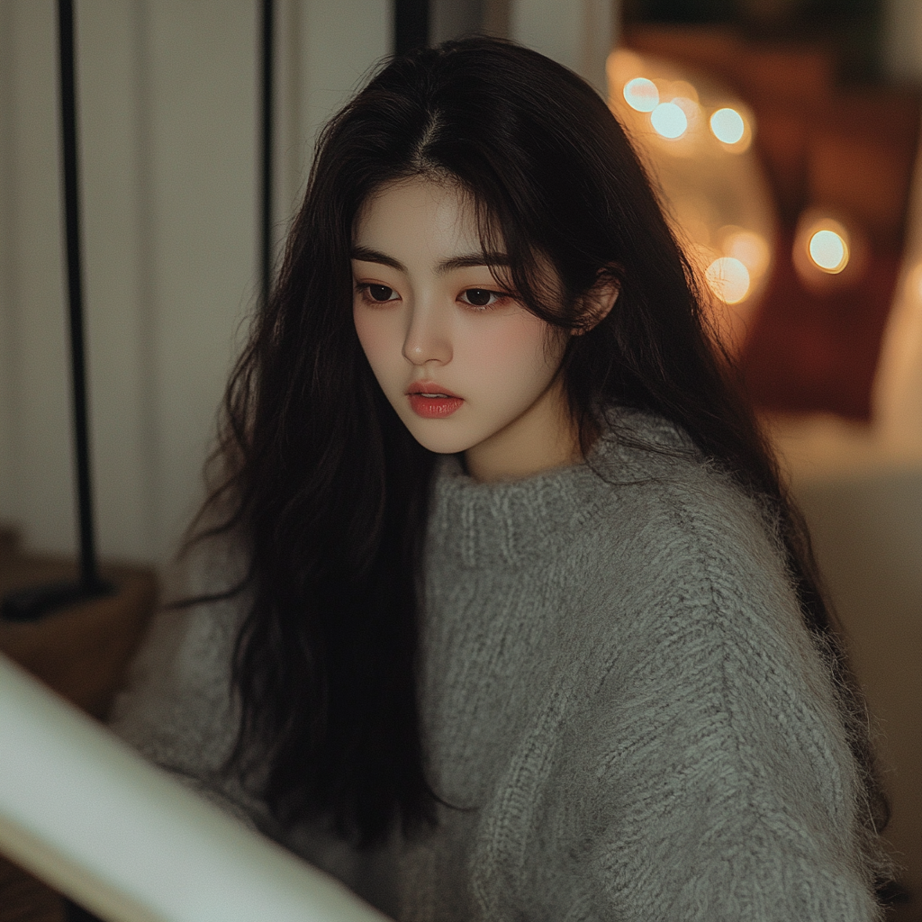 Young Korean girl in gray sweater climbing stairs indoors.