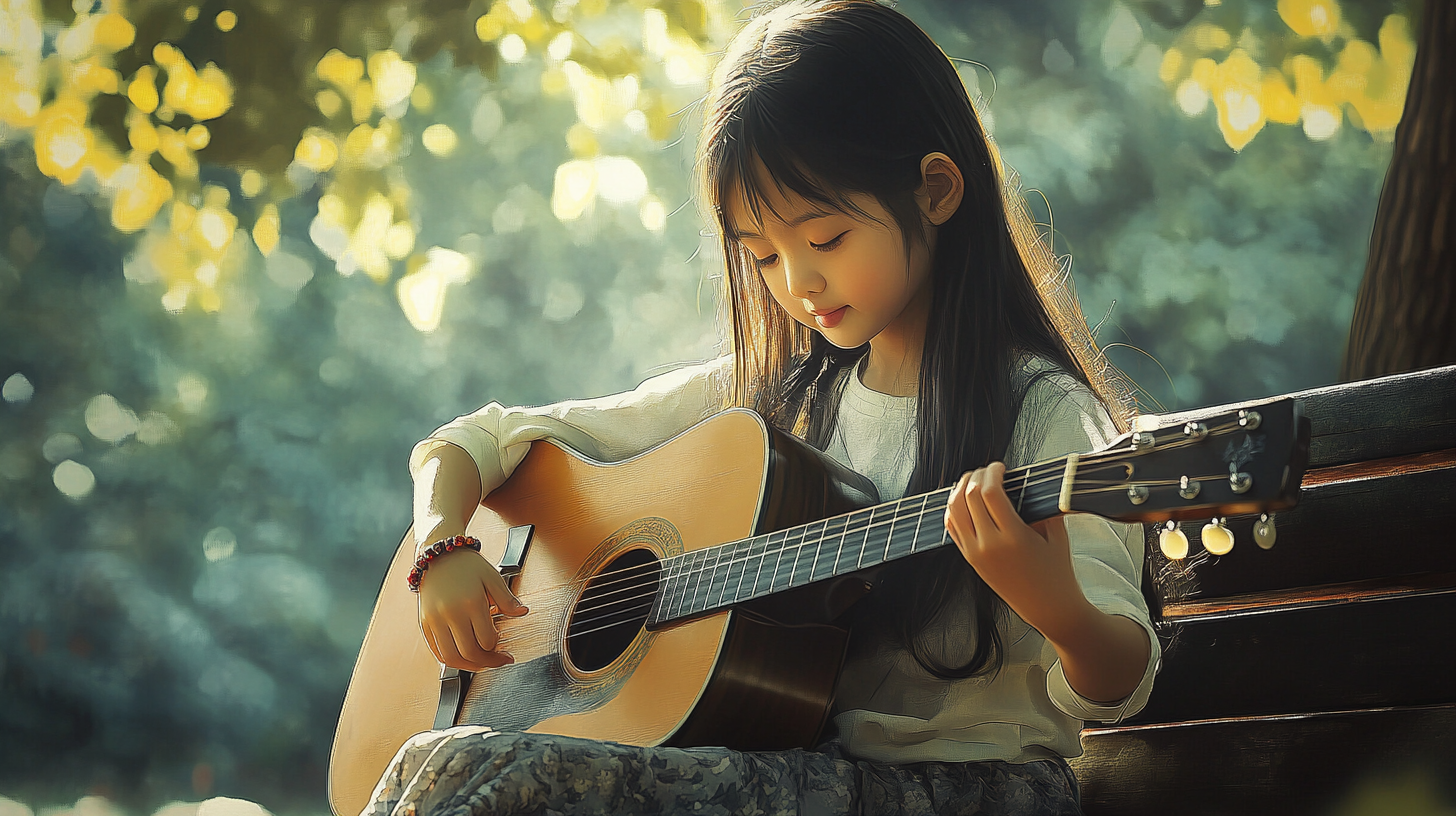 Young Korean girl playing guitar in peaceful park.