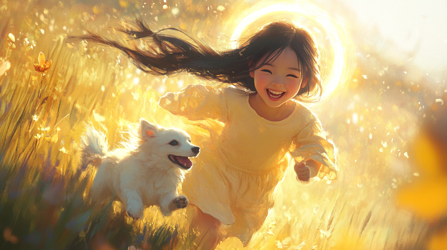 Young Korean girl with dog in serene field.