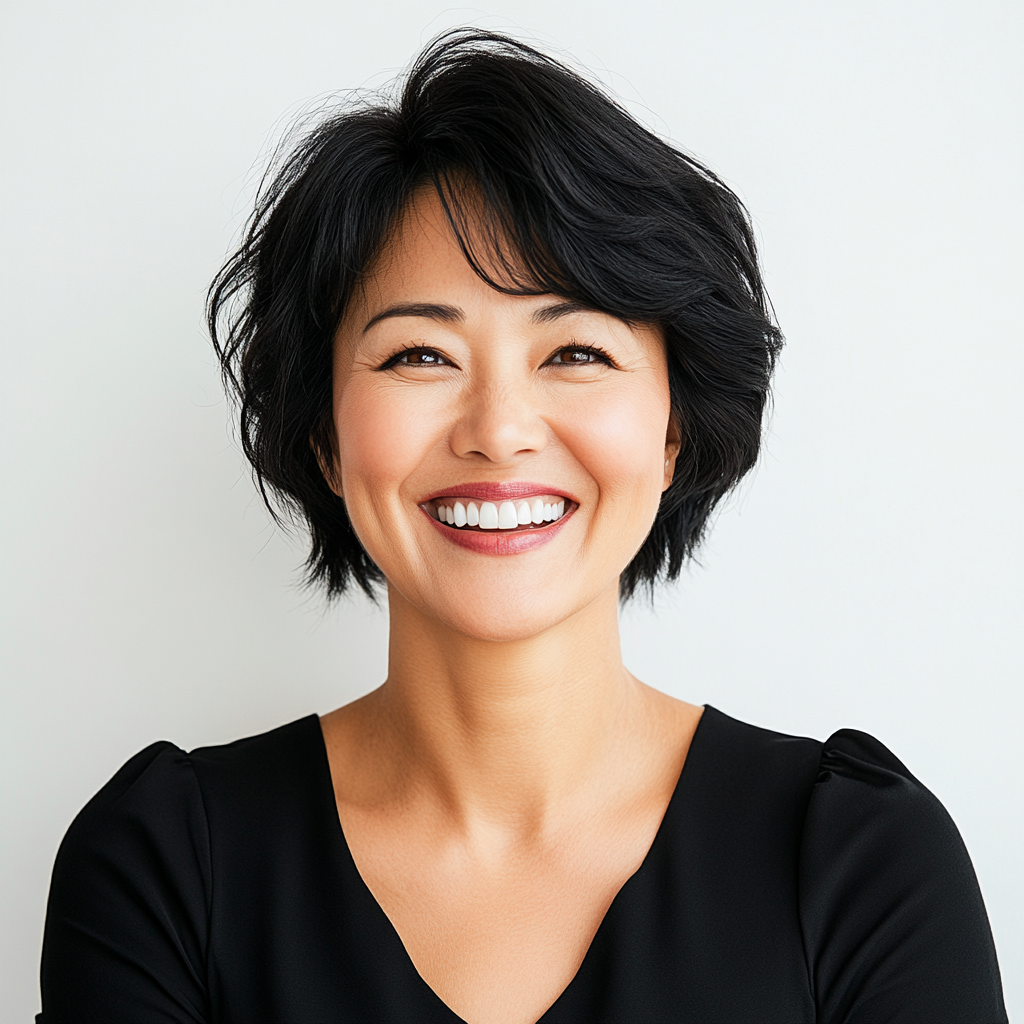 Young Korean woman in 50s, confident with white teeth.