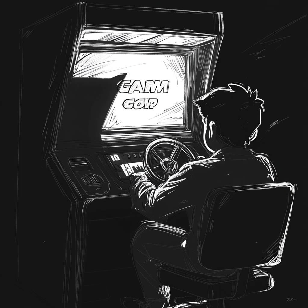 Young Man Playing Racing Game at Arcade