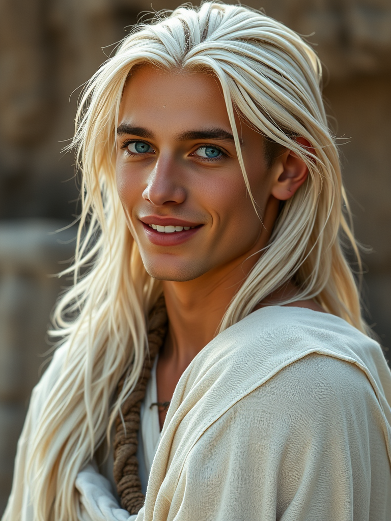 Young Man with Long Blonde Hair in White Tunic