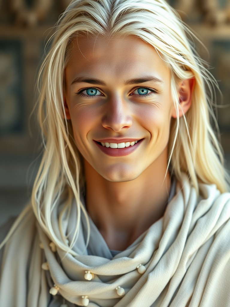 Young Man with Platinum Hair in Ethereal Whites