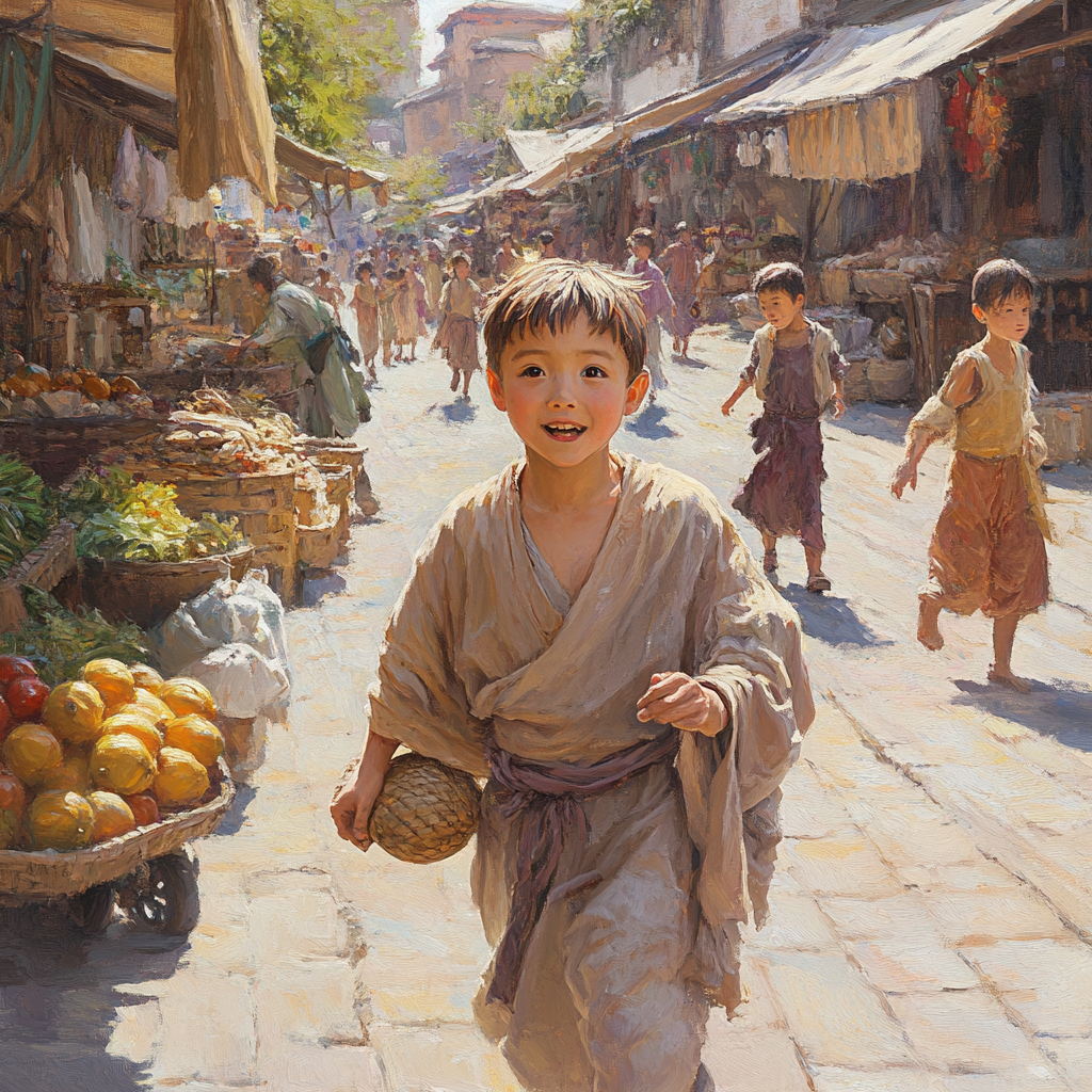 Young Mencius in marketplace, mimicking vendors with children, sunlight.