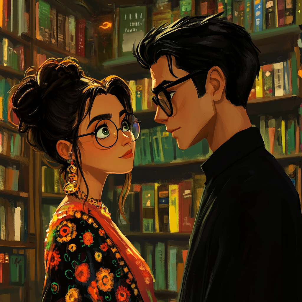 Young Mexican woman in library looks at stylish man.