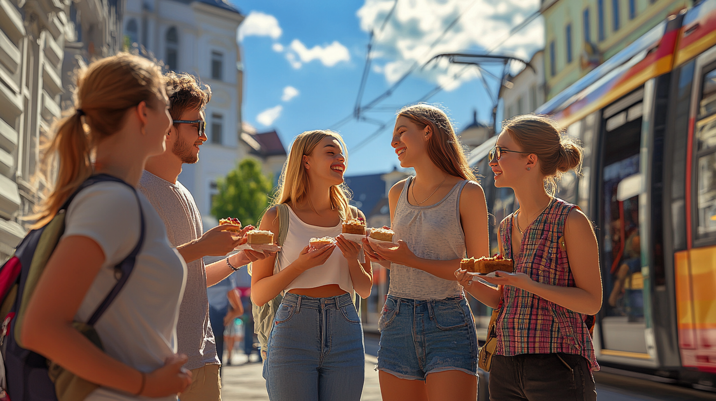 Young People Enjoying Cake at Linz Square.