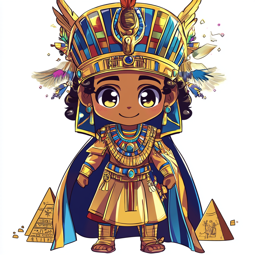 Young Pharaoh Khufu in luxurious robe, cheerful expression