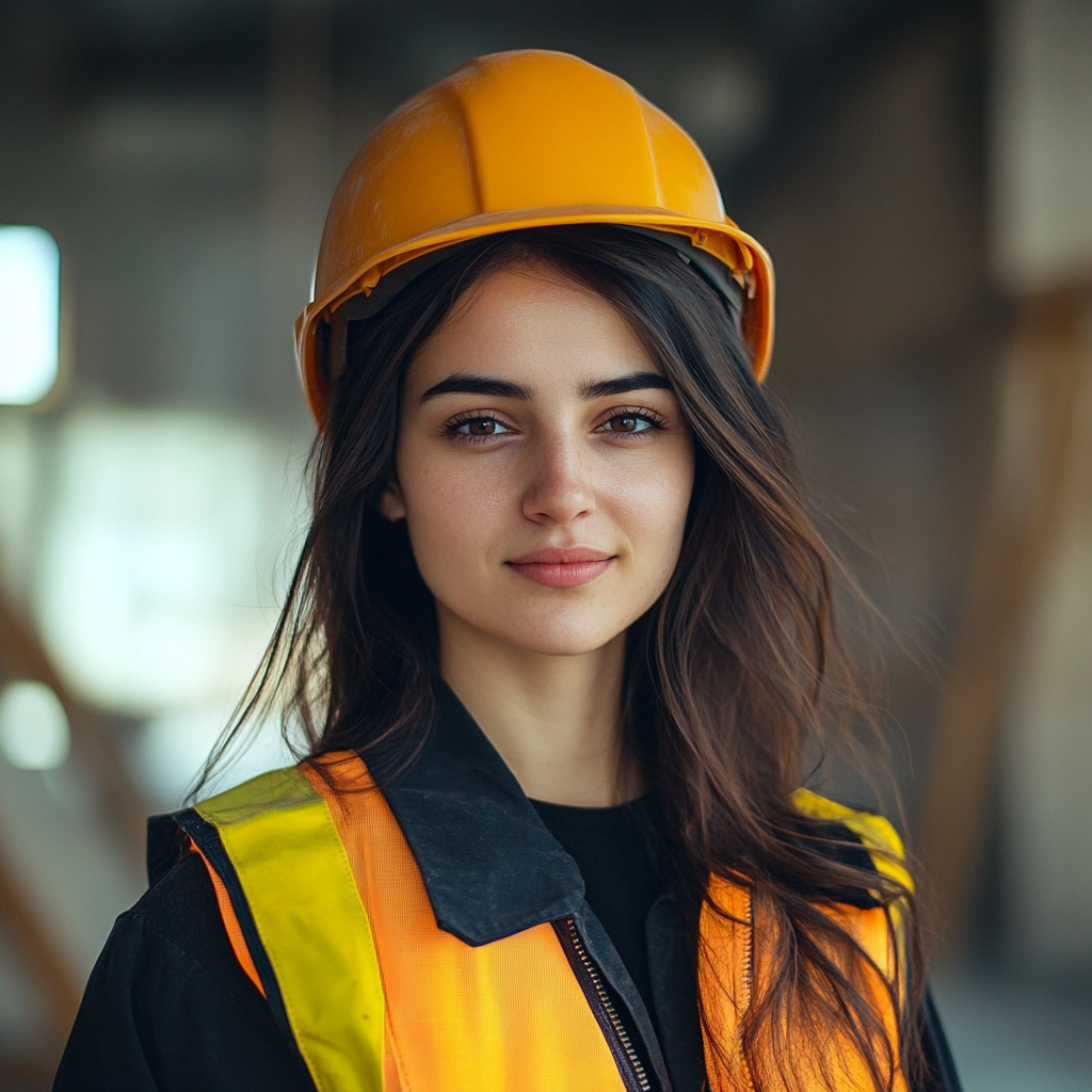 Young Polish executive woman in construction, realistic photo shoot.