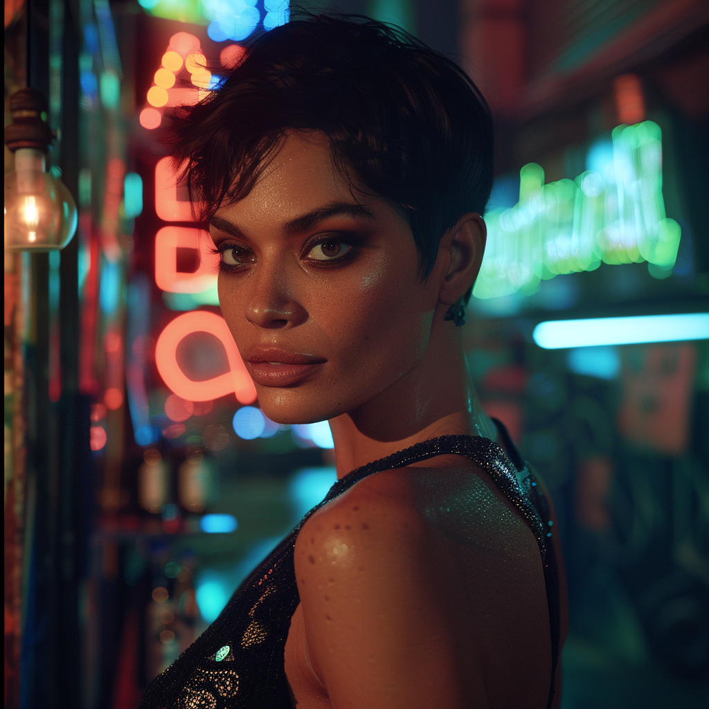 Young Rosario Dawson with short hair outside neon-lit bar.