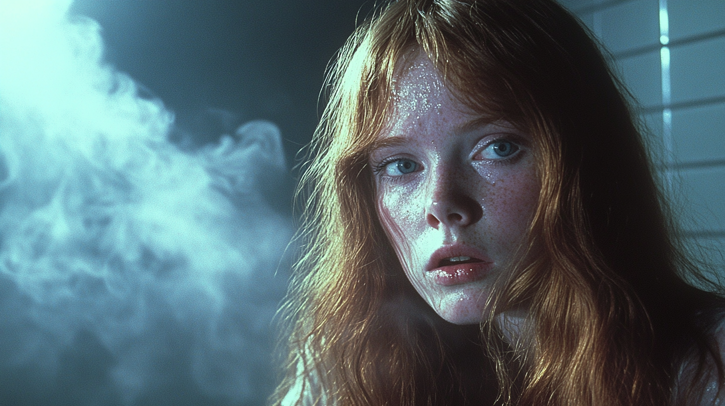 Young Sissy Spacek as CARRIE in foggy, haunting locker room.