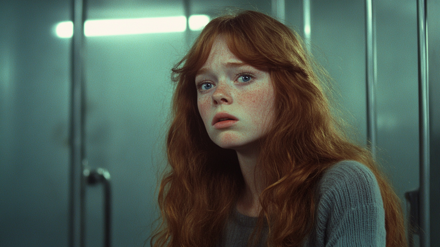 Young Sissy Spacek as Carrie in 1976, looking scared.