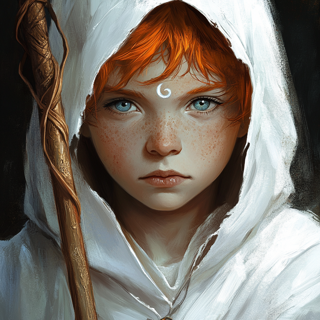 Young White Mage with magical staff and holy mark.