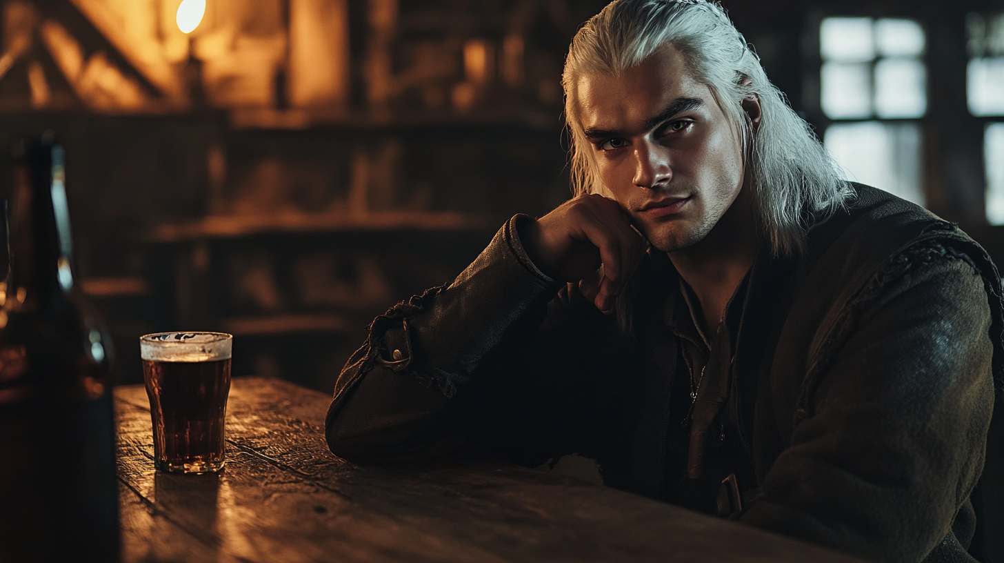 Young Witcher-like Man Enjoying Beer in Medieval Tavern