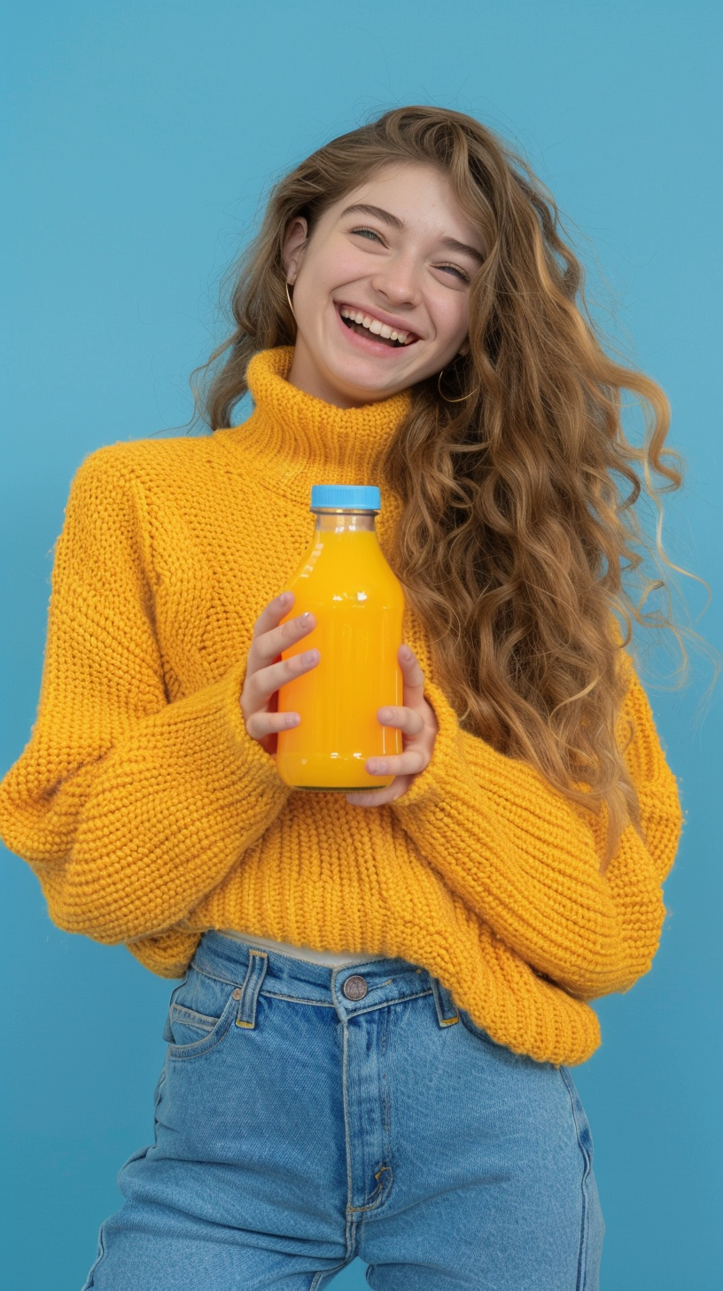 Young Woman Holding Juice on Blue Background