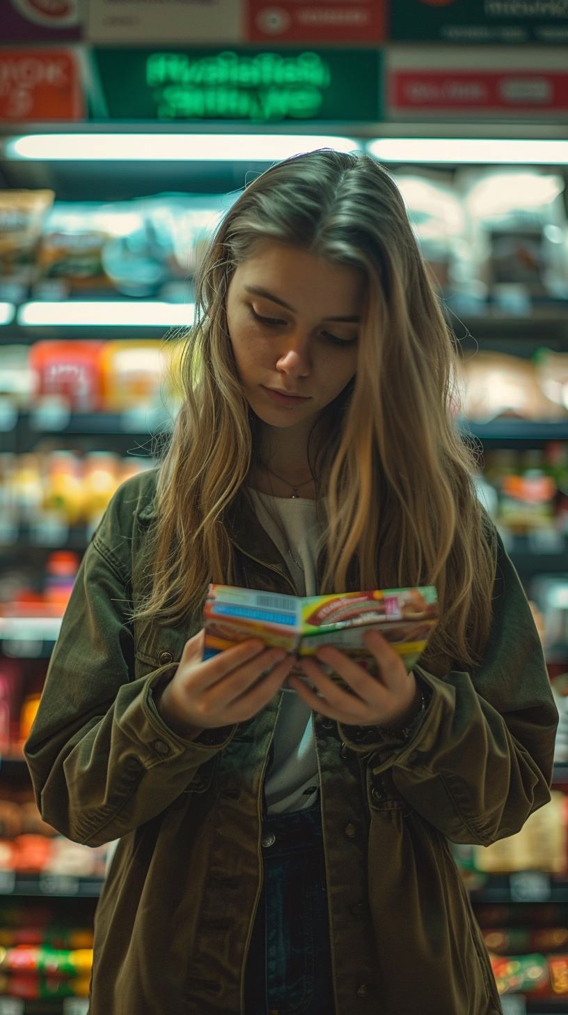 Young Woman Reading Product Label in Supermarket Aisle