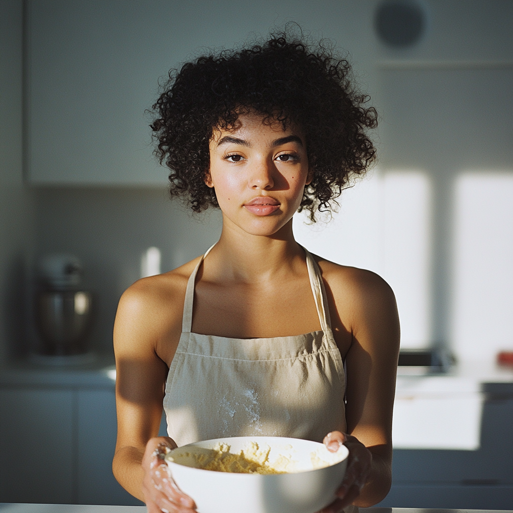 Young Woman in Modern Kitchen Baking Cake