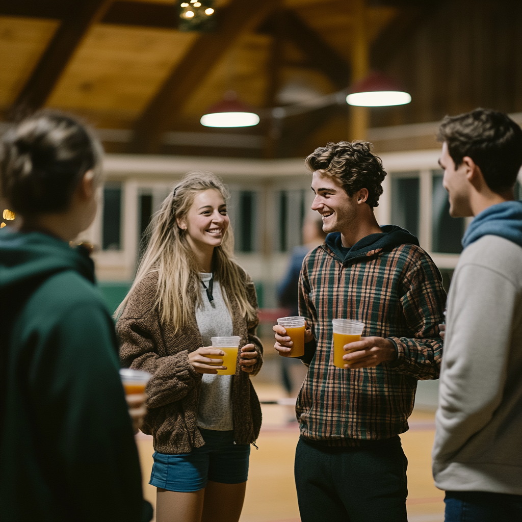 Young adults celebrate at holiday darty, indoor court.