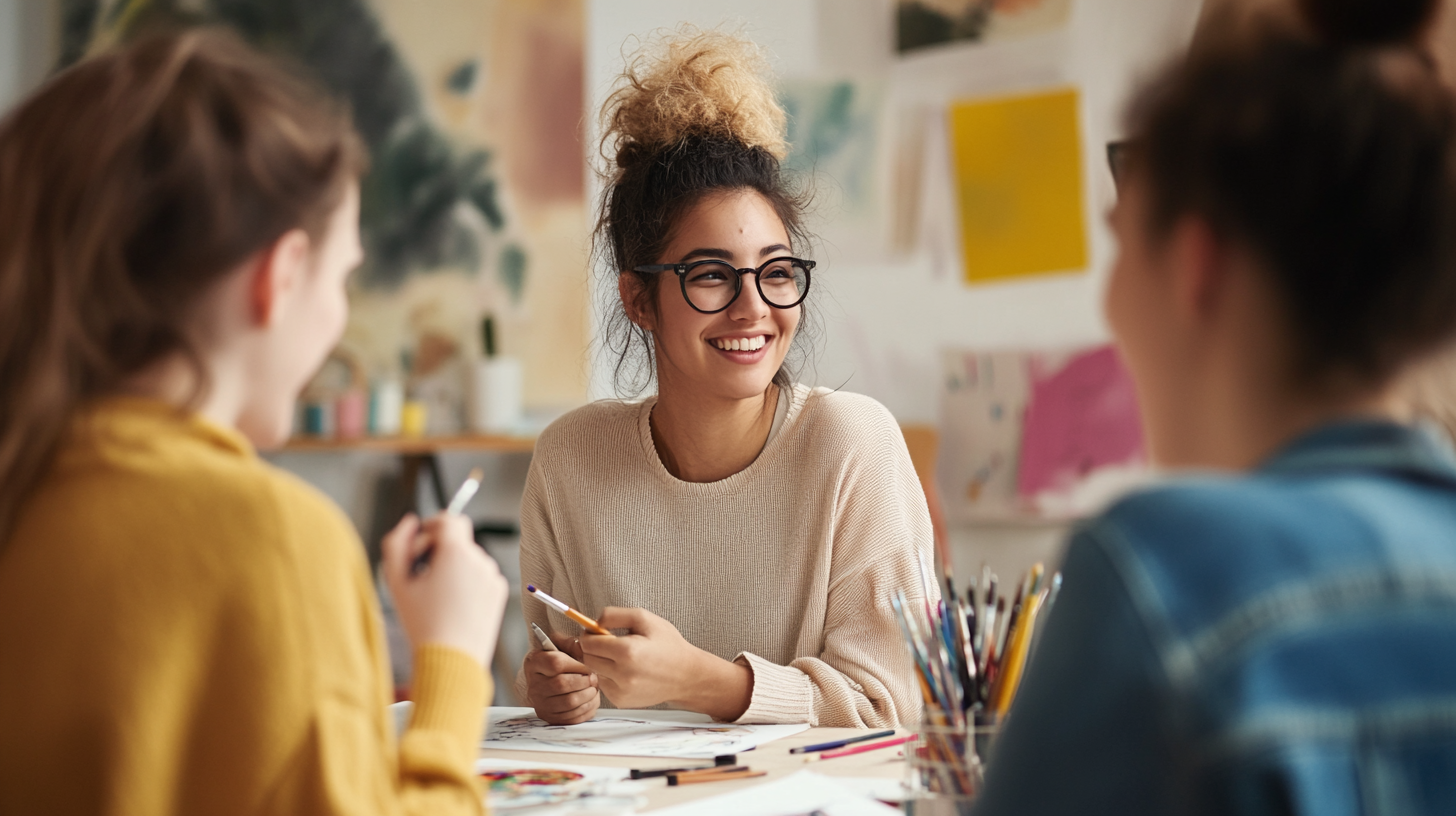 Young adults drawing and smiling in art room.