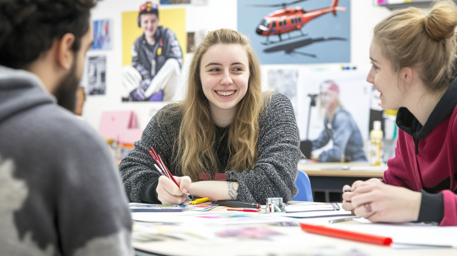 Young adults in art room draw and smile. Helicopters, ambulance crew pictures. Art supplies around. Happy, warm.