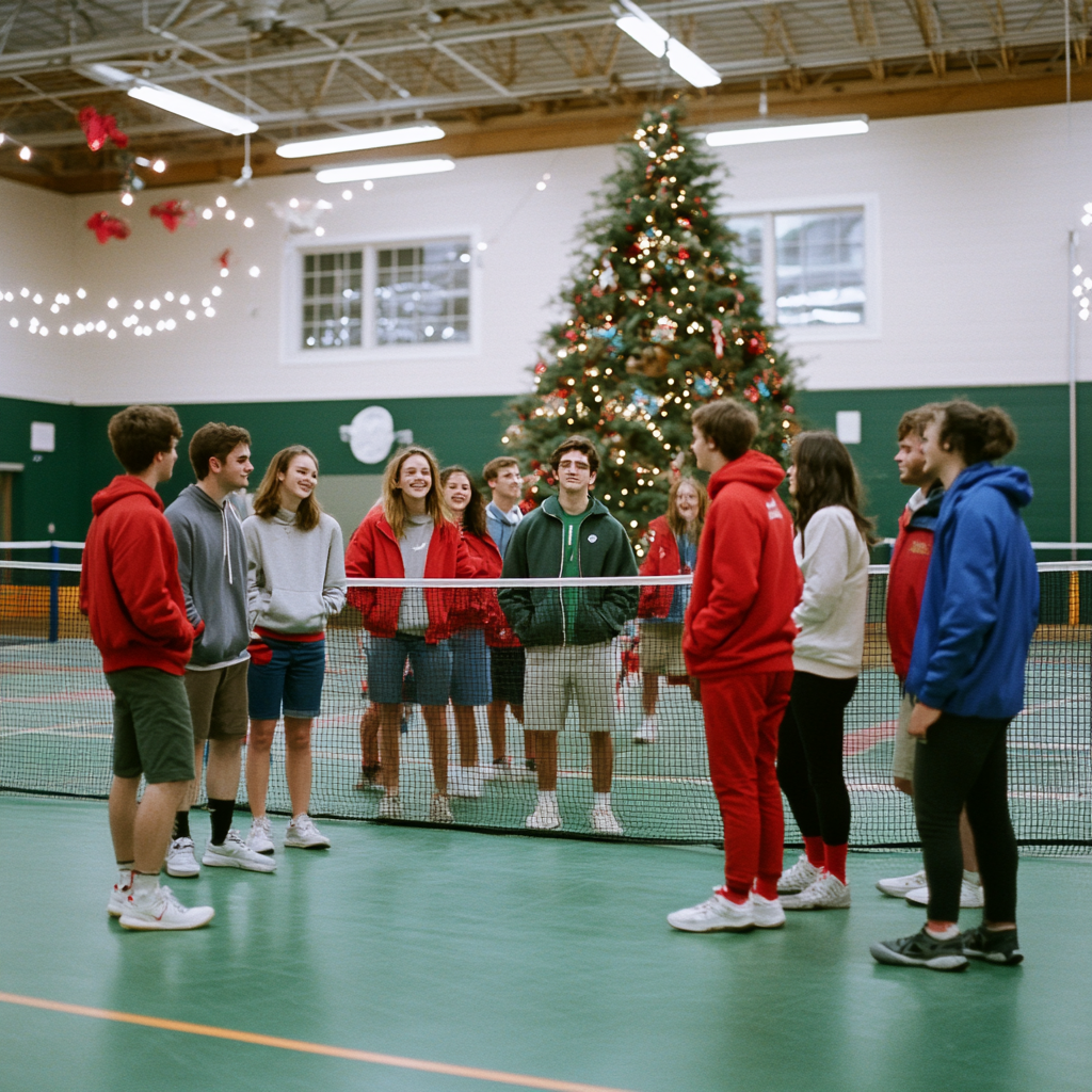 Young adults play pickleball at festive holiday party.