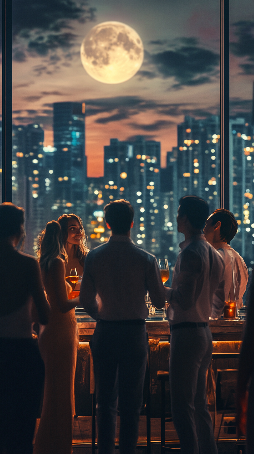 Young adults socializing on upscale rooftop terrace at night.