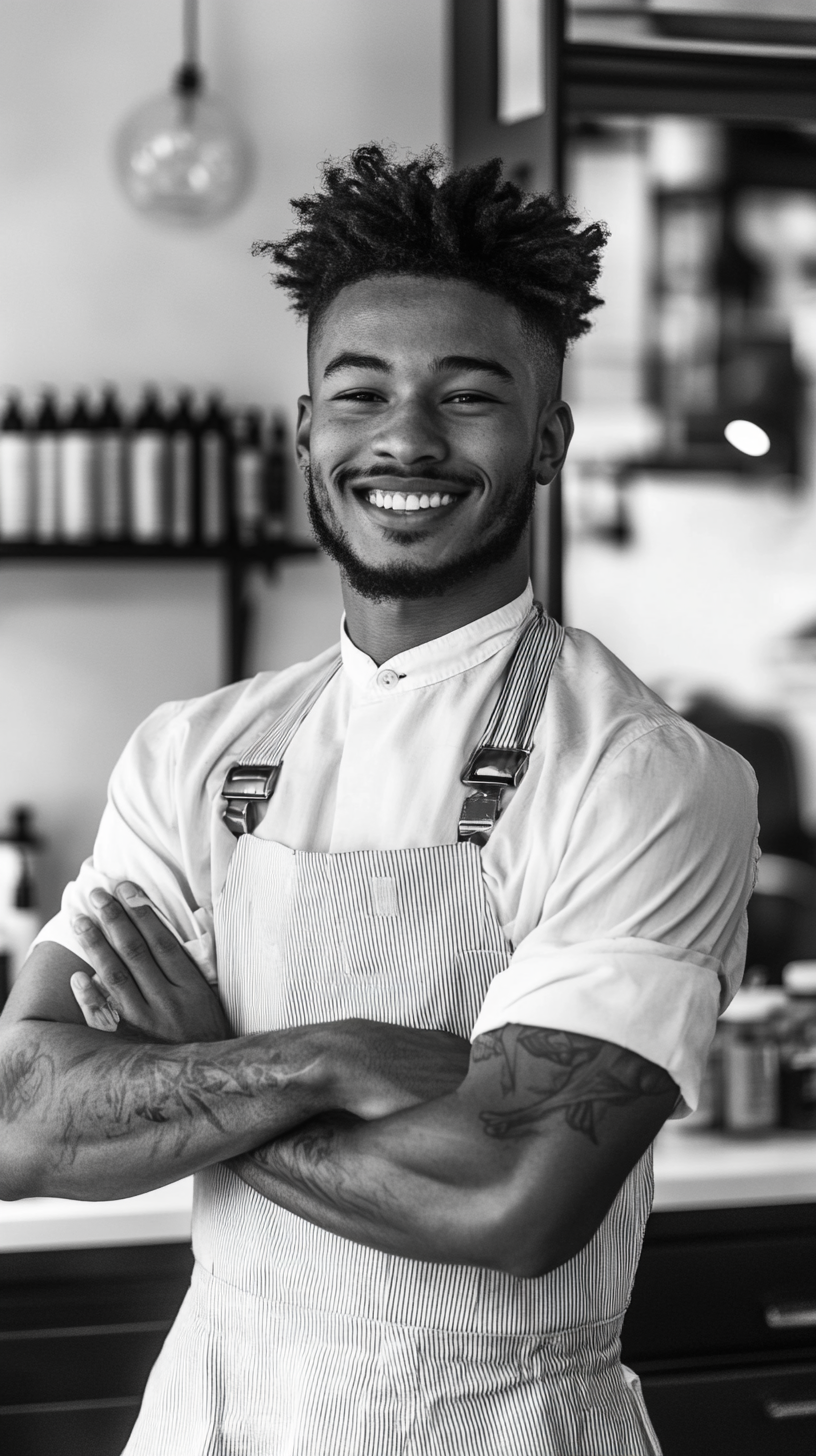 Young barber smiling holding clippers, man in chair.