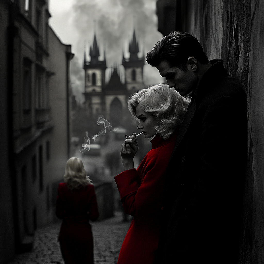 Young beautiful spy watches old Prague, smokes cigarette.