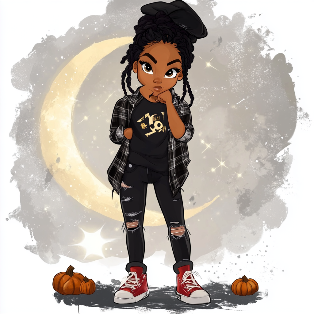 Young black girl in Halloween-themed outfit - AI Image.