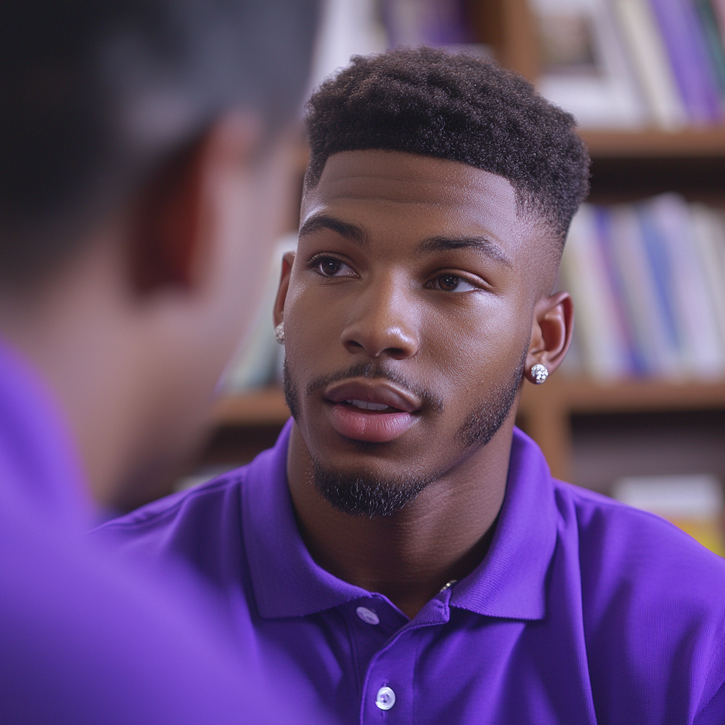 Young black student with stud earring talking to professor.