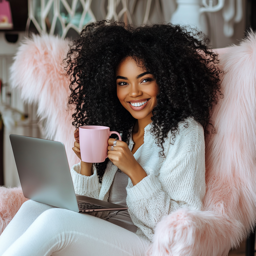 Young black woman in fur chair with coffee mug.