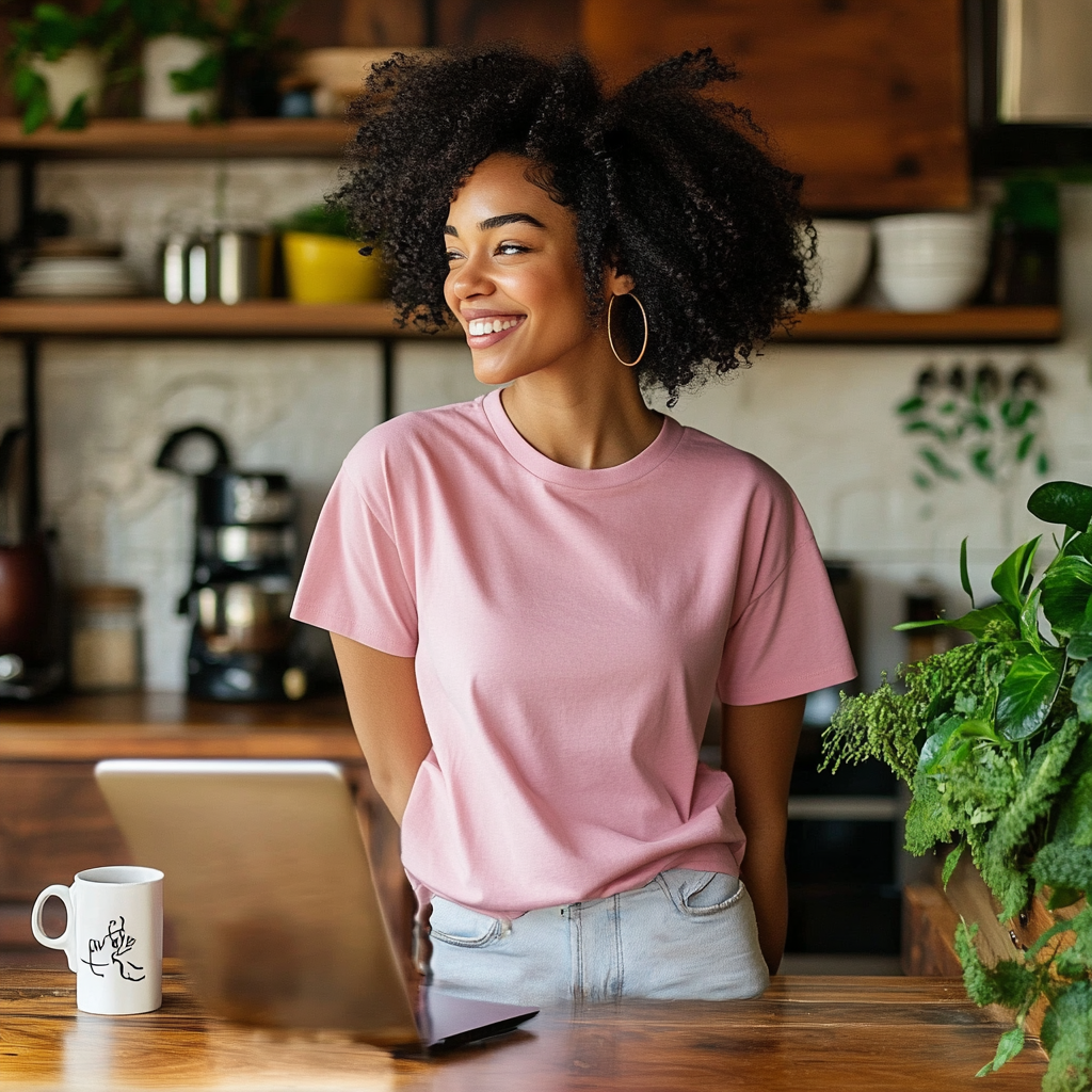 Young black woman with laptop and coffee mug smiling.