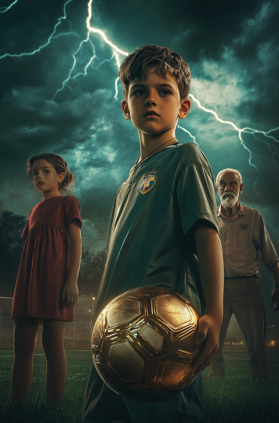 Young boy, girl, old man on soccer field. Epic lighting.