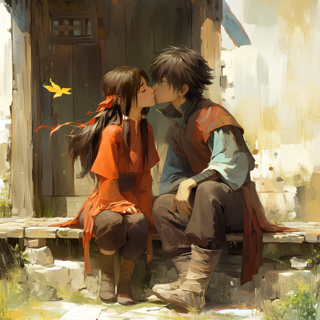 Young boy and girl kissing on porch in painting.