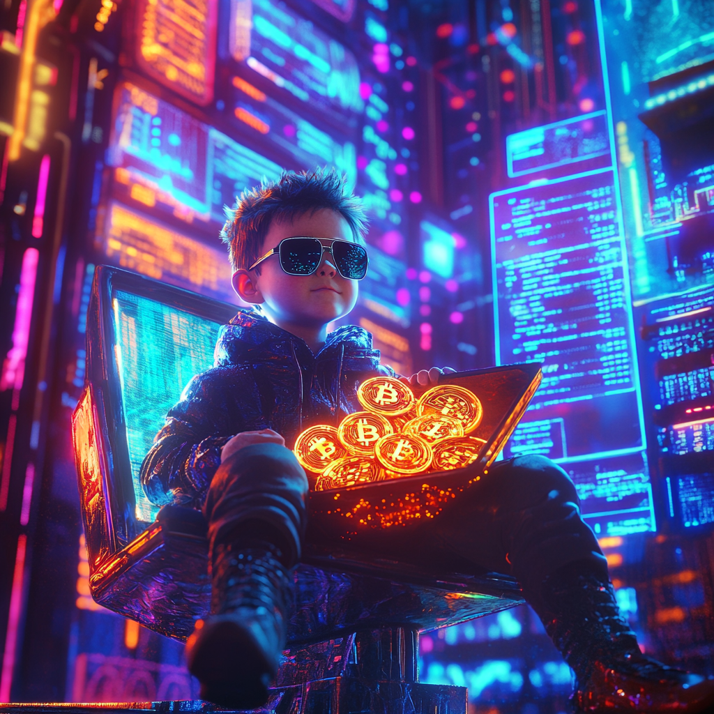 Young boy in sunglasses on colorful chair with Bitcoin.