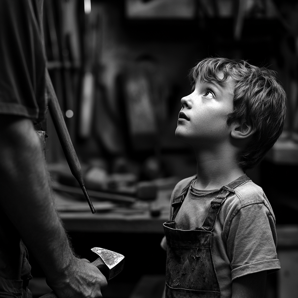 Young boy looks up at mentor receiving hammer. Workshop tools.