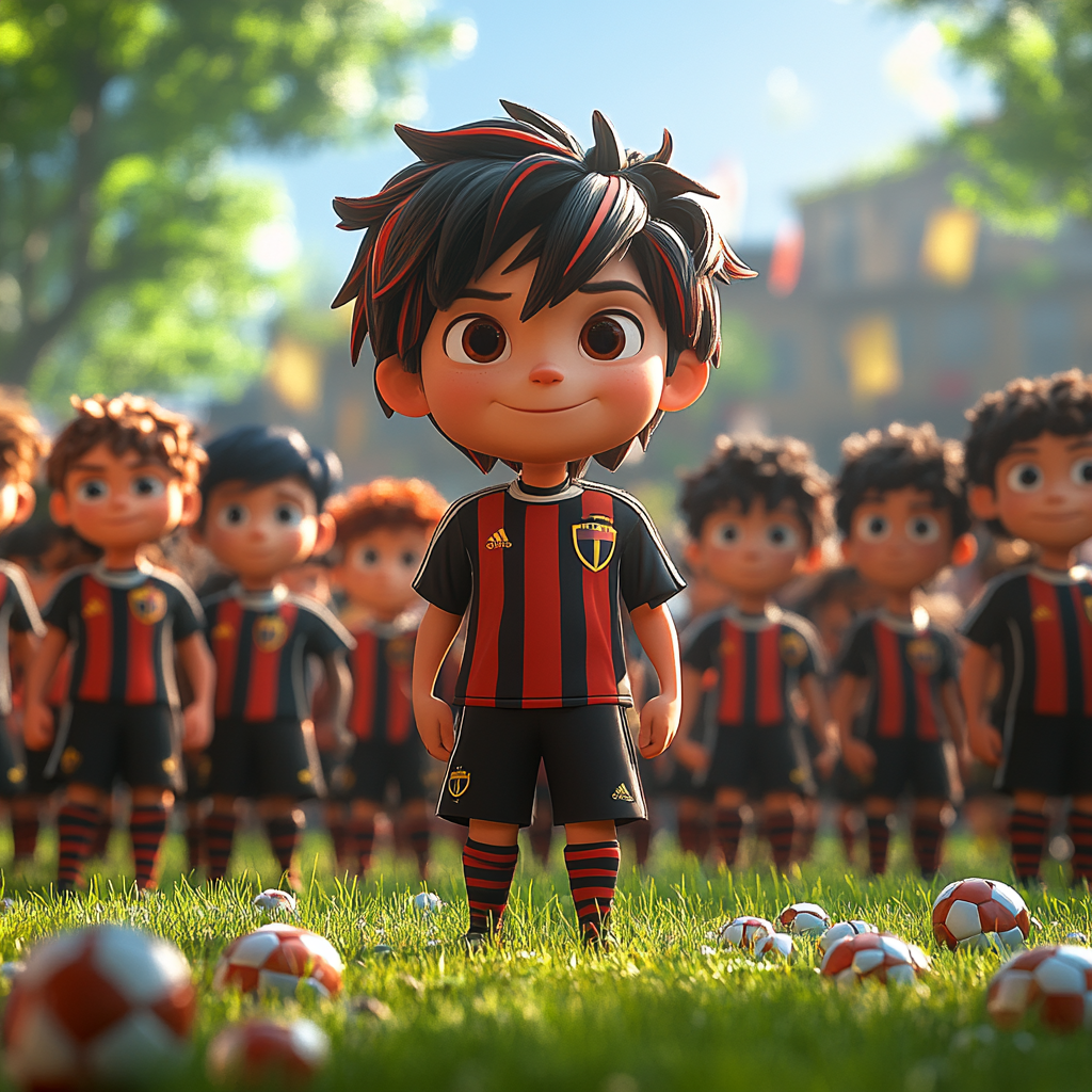 Young boys in red and black jerseys pose with training products on grass.