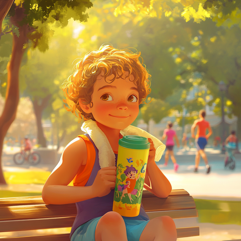 Young child with colorful thermos in sunny park.