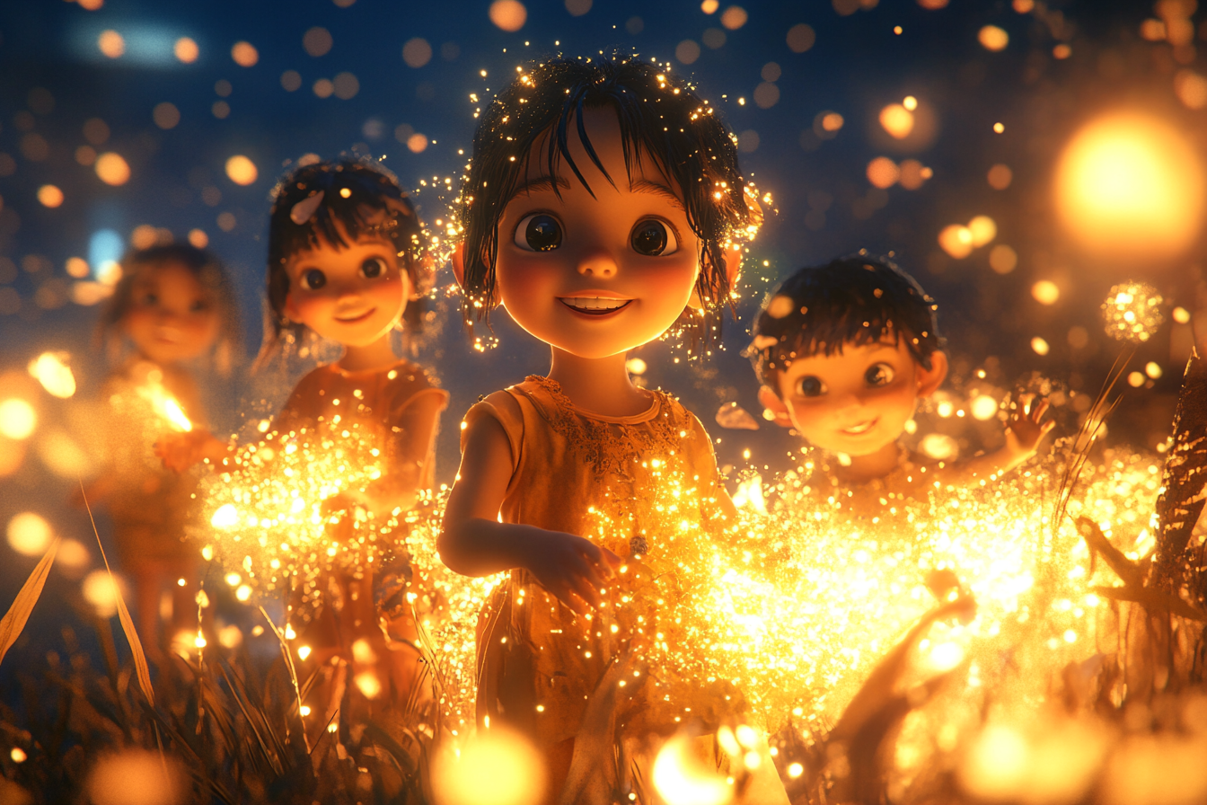 Young children of various backgrounds play outdoors in glowing light.