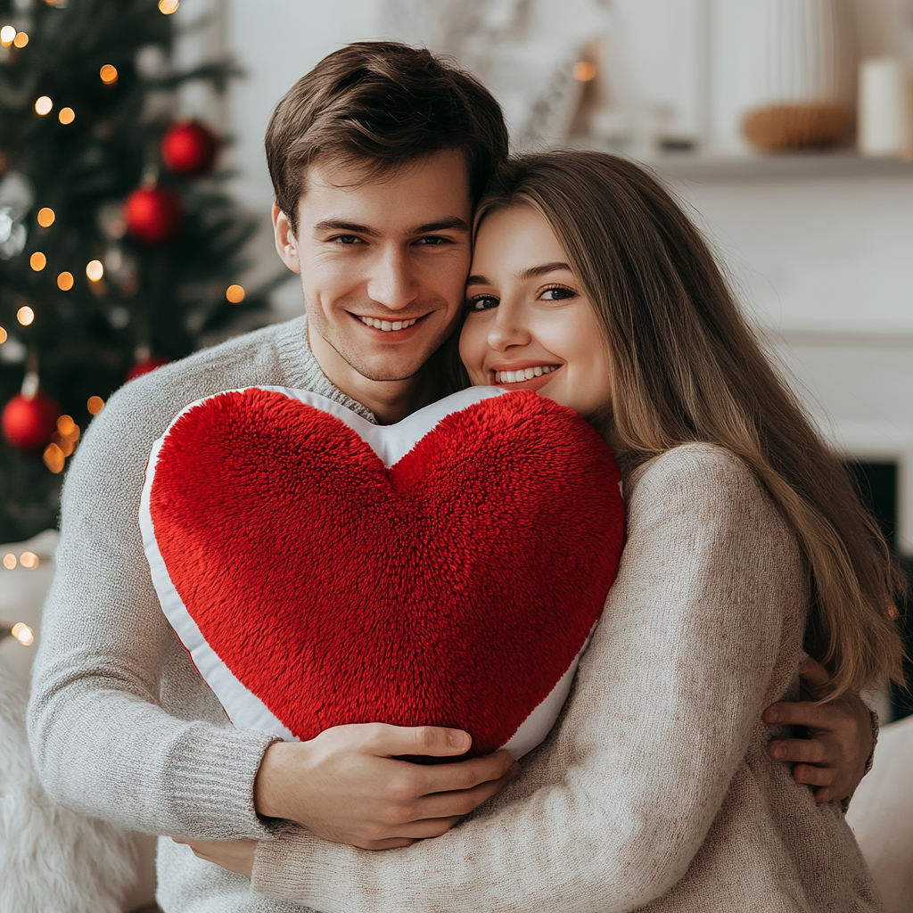 Young couple celebrates Valentine's Day with heart pillow gift.