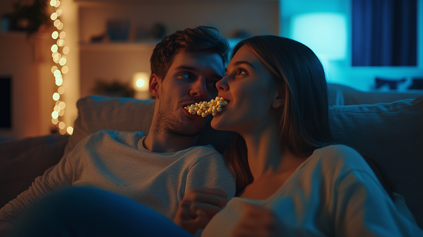 Young couple eating popcorn on new sofa, cinematic close-up.