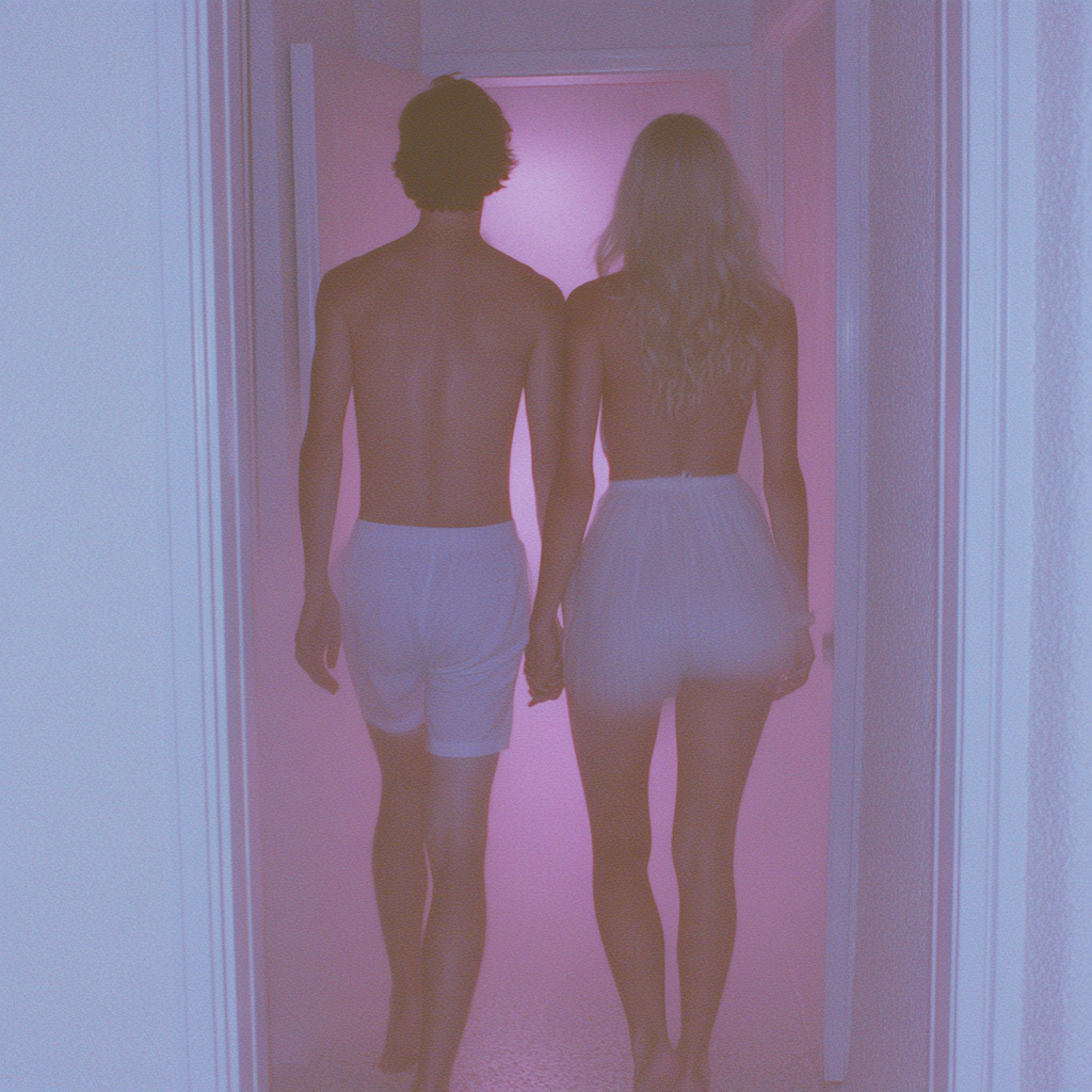 Young couple enter burning room with pink smoke.