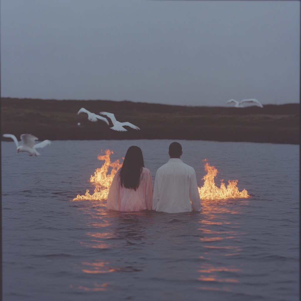 Young couple in burning sea surrounded by birds.