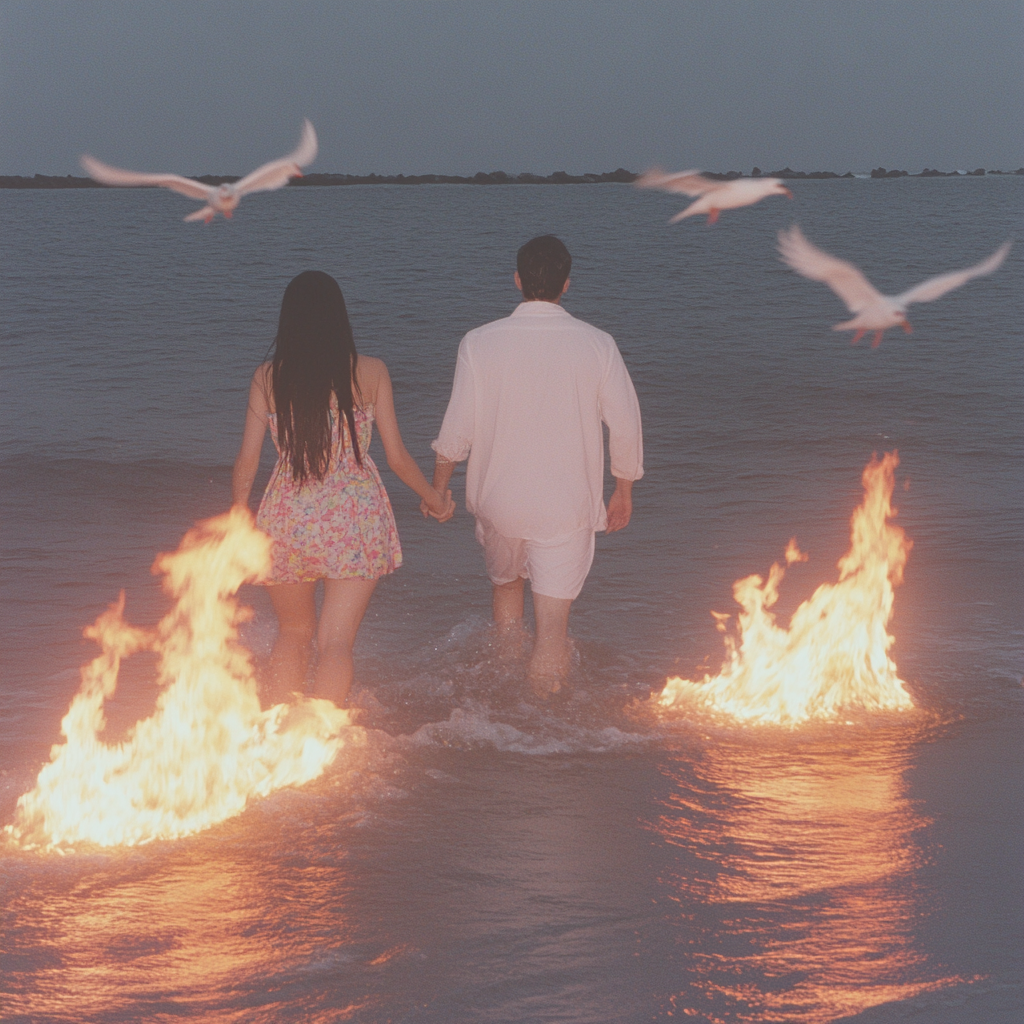 Young couple in colorful clothes walking into flames.