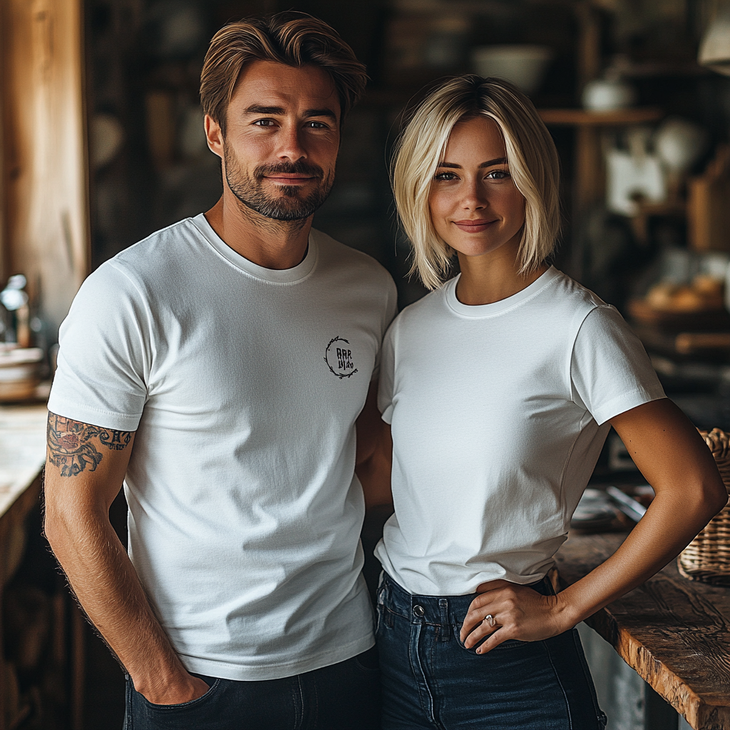 Young couple in kitchen for Thanksgiving photo shoot.