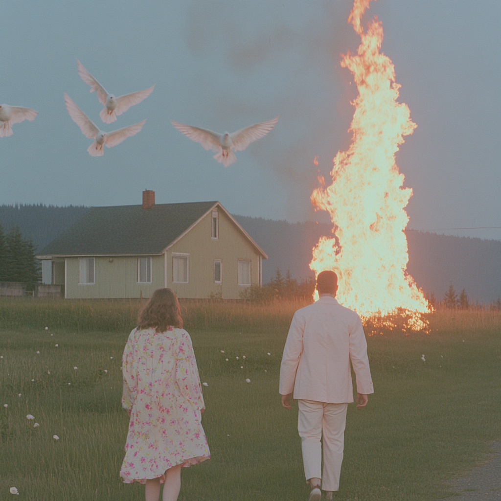 Young couple in love walking towards flaming sunset.