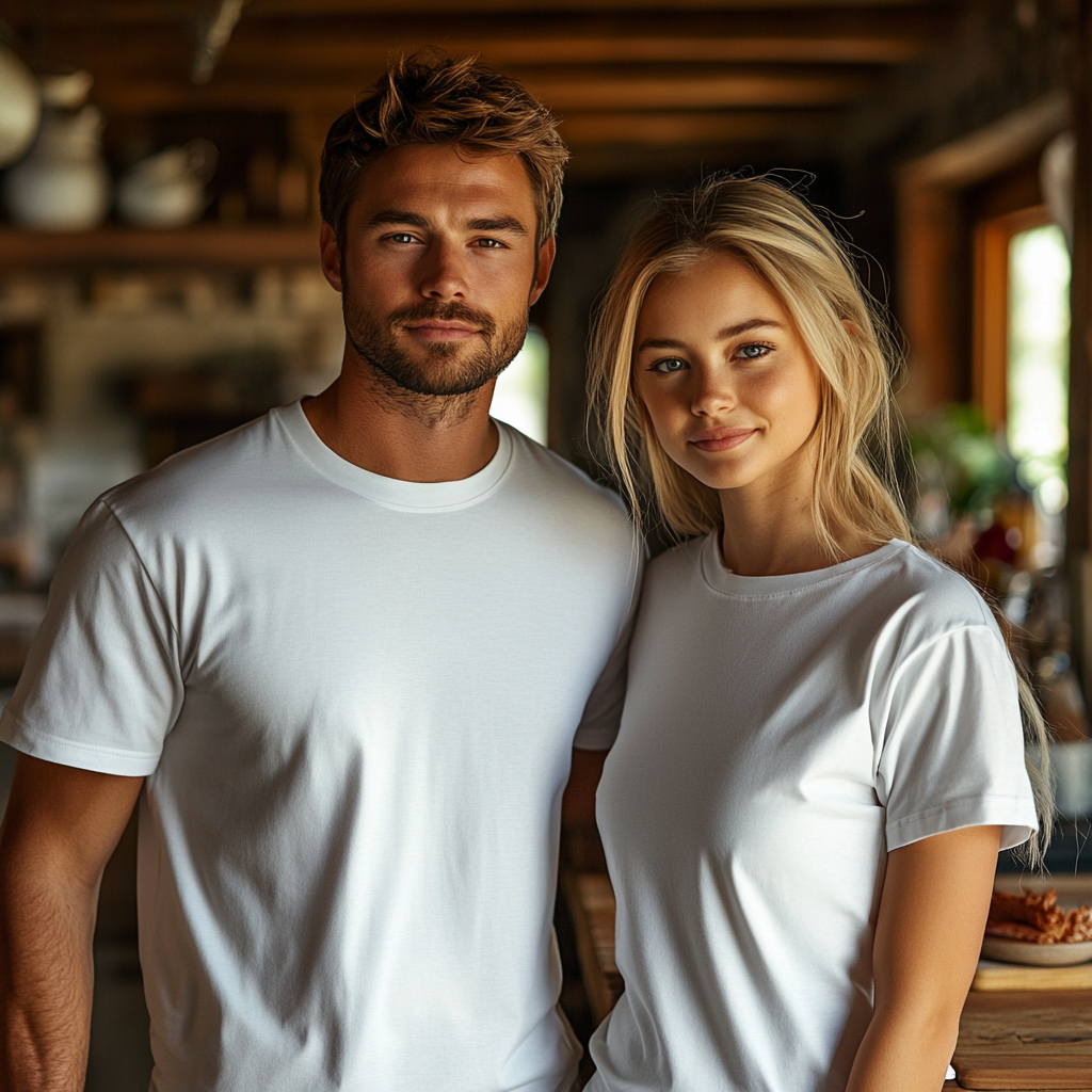 Young couple in modern kitchen posing happily.