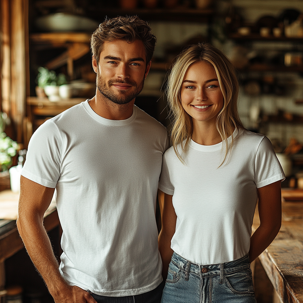 Young couple in white T-shirts pose in kitchen.