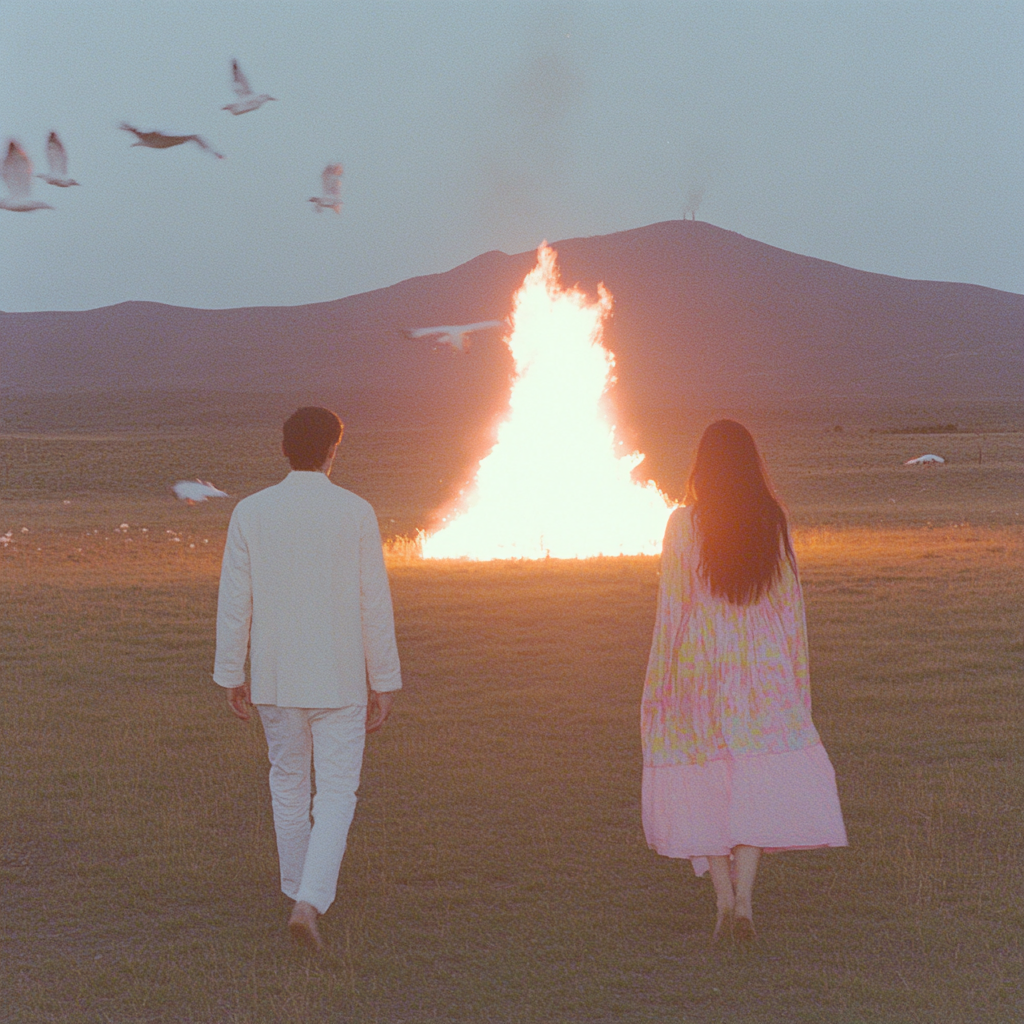 Young couple walk into fireball with birds, burning wings.